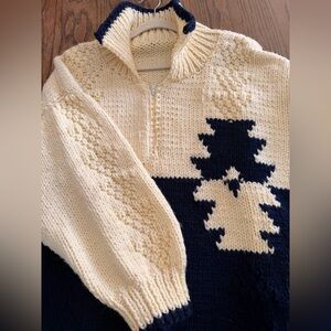 Vintage Handmade Cowichan Style quarter zip heavy knit wool sweater